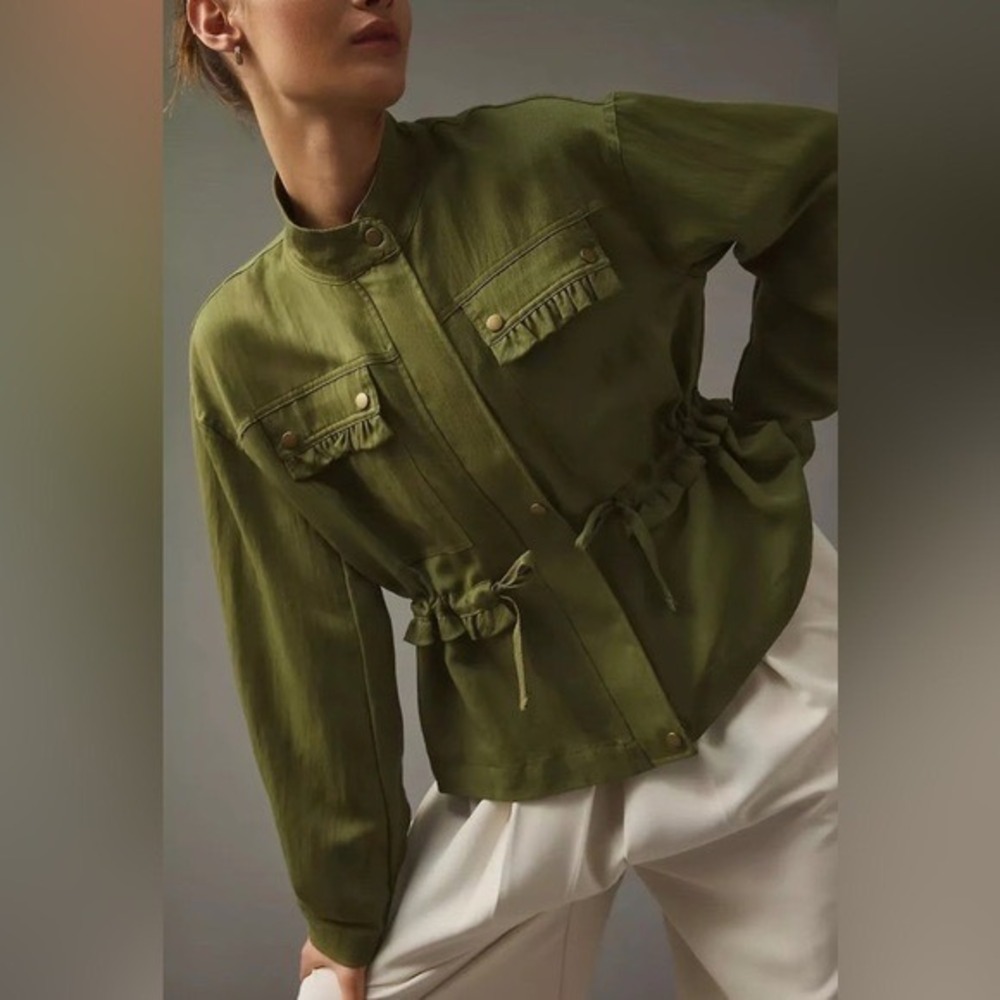 Anthropologie Olive Green Ruffle Utility Jacket XS Military Lyocell Blend‎